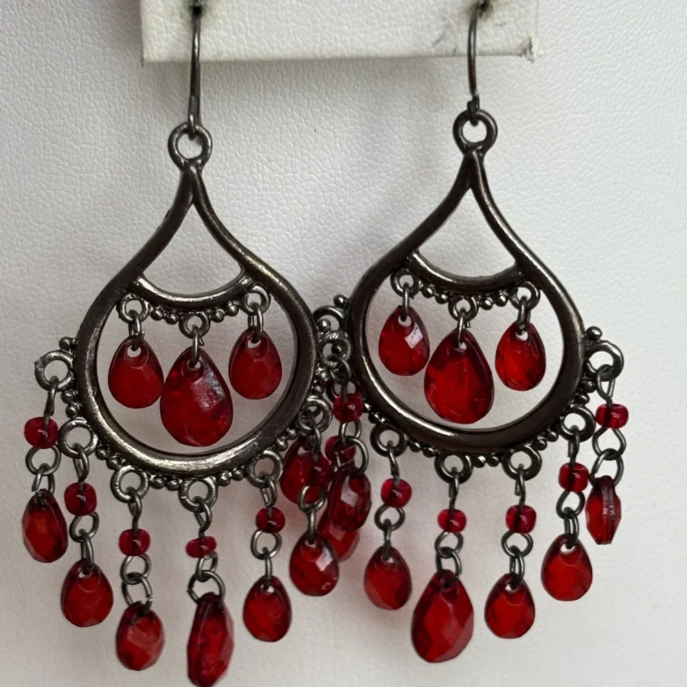 Crimson Red Chandelier Earrings with Teardrop Beads / silver tone wires - Picture 1 of 7